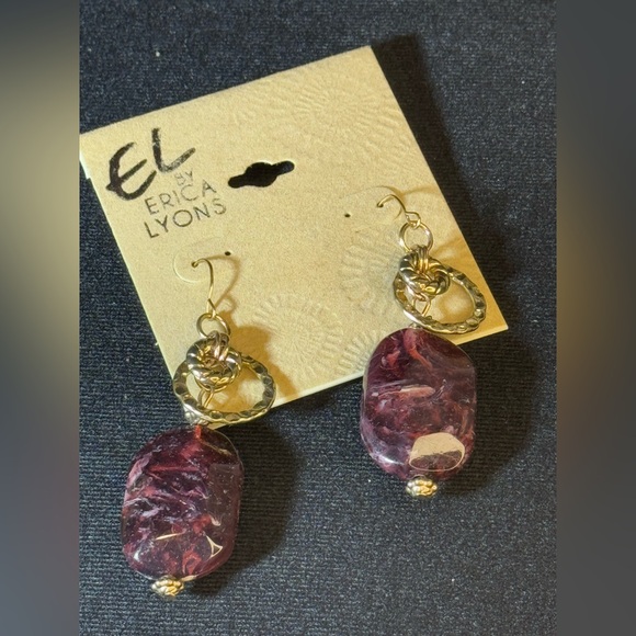 Erica Lyons Gold Tone Purple Stone Dangle Earrings 2.5inch - Picture 6 of 6